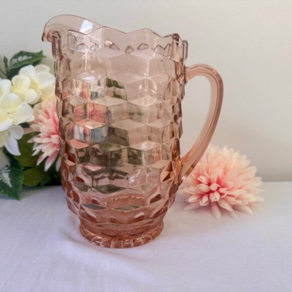 Indiana Glass Pink Cubist Pitcher Vintage Depression Glass 60 Ounce MCM Barware - Picture 2 of 5